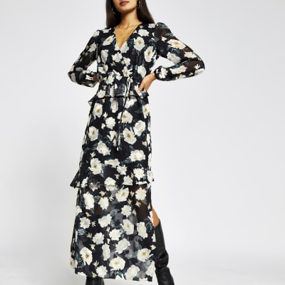 long sleeve black floral dress