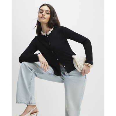 Black Long Sleeve Flower Trim Top