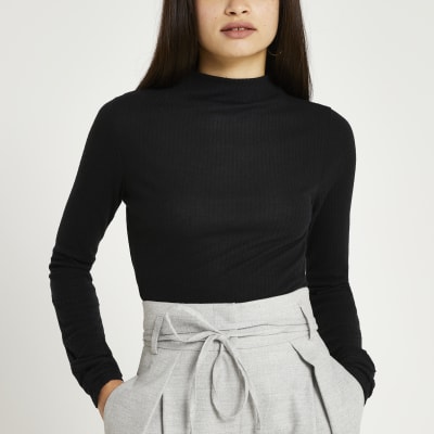 Black Long Sleeve High Neck Ribbed Top | River Island