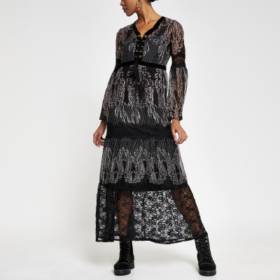 Black long sleeve lace layer midi dress | River Island