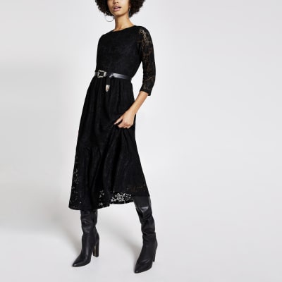 Black long sleeve lace swing midi dress 