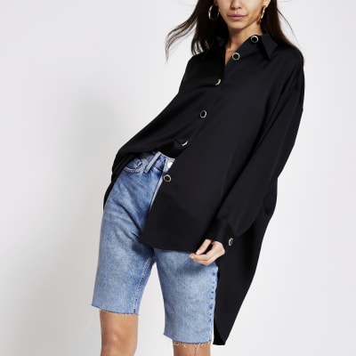 Black long sleeve longline shirt | River Island