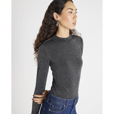 Black Long Sleeve Lurex Bodyfit Knitted Top