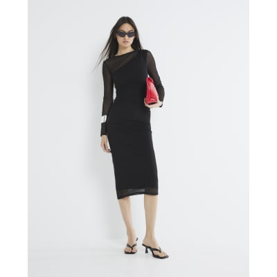 Black Long Sleeve Mesh Asymmetric Midi Dress | River Island