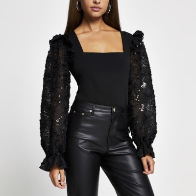 black sequin long sleeve top