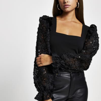 black sequin mesh top