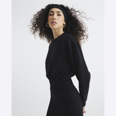 Black Long Sleeve Midi Sweatshirt Dress