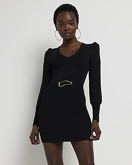 Black long sleeve mini bodycon dress
