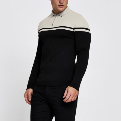 Black long sleeve muscle fit block polo shirt | River Island