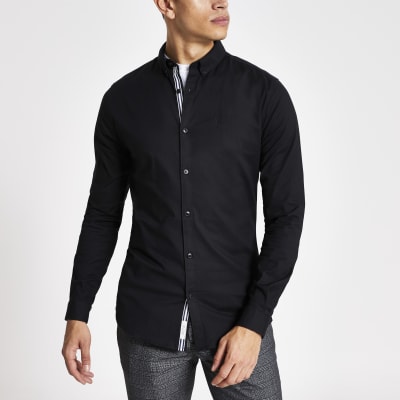 Black long sleeve muscle fit Oxford shirt | River Island