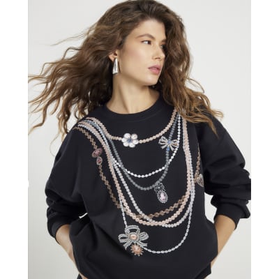 Black Long Sleeve Necklace Trim Sweatshirt
