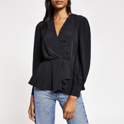 wrap front long sleeve top