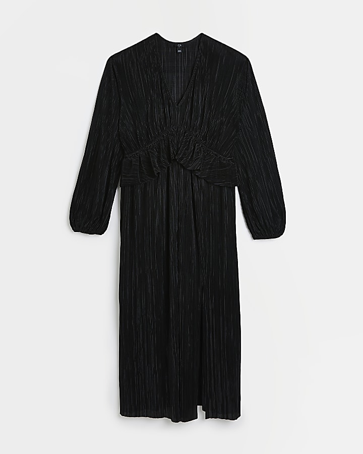 Black long sleeve plisse frill midi dress