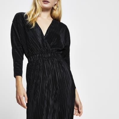 black plisse wrap dress