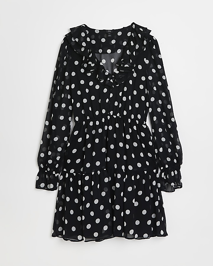 Black long sleeve polka dot frill mini dress