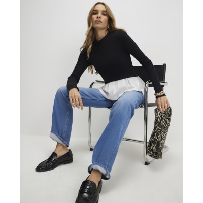 Black Long Sleeve Poplin Hem Top