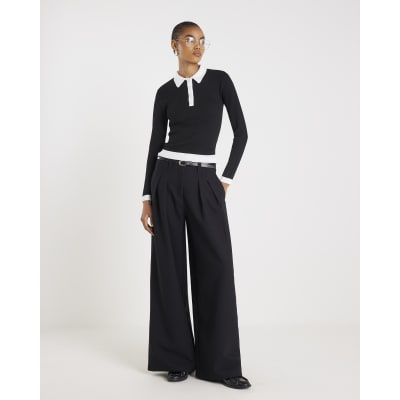 Black Long Sleeve Ribbed Polo Top