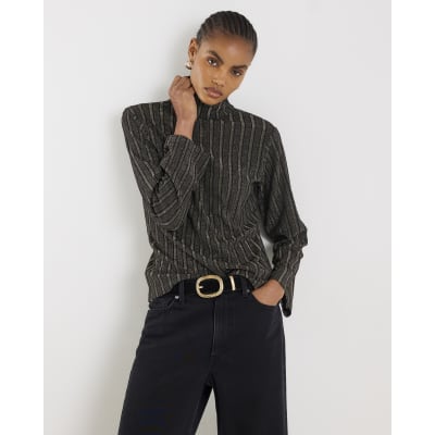 Black Long Sleeve Ribbed Roll Neck Top