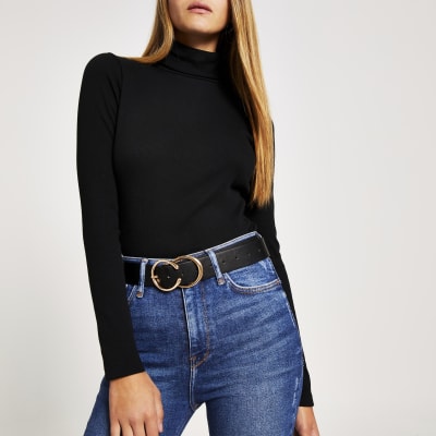 Black long sleeve roll neck ribbed top 