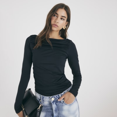 Black Long Sleeve Ruched Drape Top