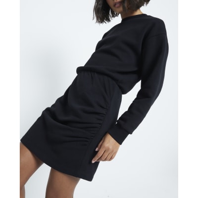Black Long Sleeve Ruched Sweatshirt Dress River Island