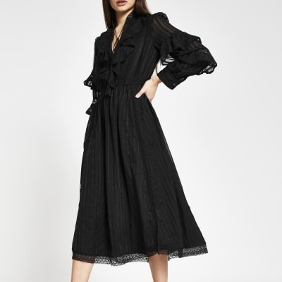 long sleeve black midi dress