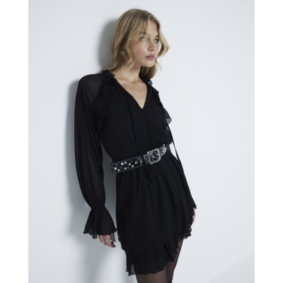chinese dress ladies Black Smocked Ruffle Long Sleeve Mini Dress main image 0