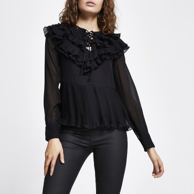 Black Long Sleeve Ruffle Pleated Blouse River Island 5491