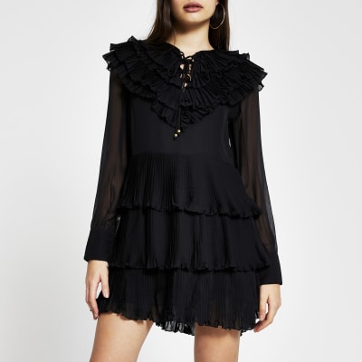 Black Long Sleeve ruffle pleated mini dress | River Island