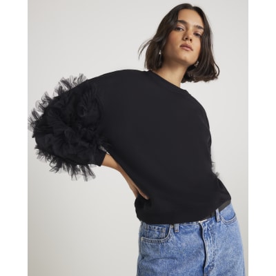 Black Long Sleeve Ruffle Sweatshirt