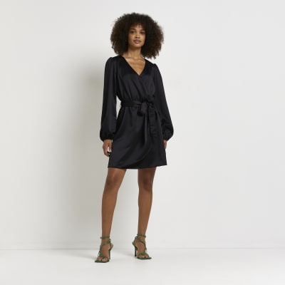 black long sleeve wrap mini dress
