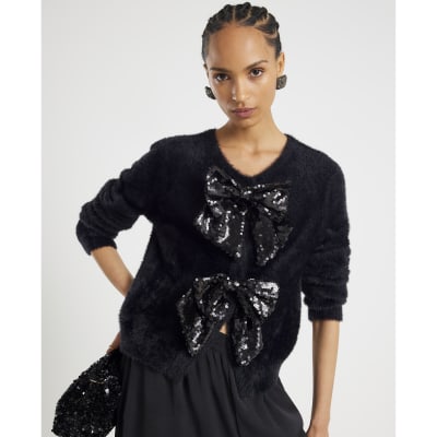 Black Long Sleeve Sequin Bow Fluffy Cardigan