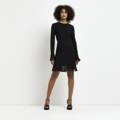 Black long sleeve 2024 frill hem shift dress