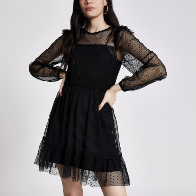 river island black long sleeve dress