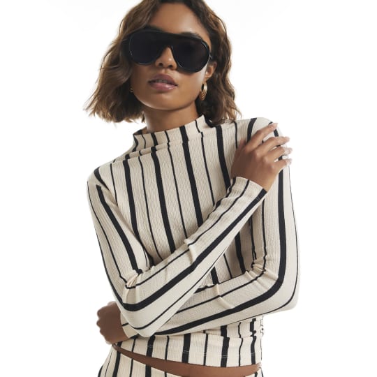 River Island Black Long Sleeve Shirred Stripe Top