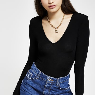 Black long sleeve shoulder pad bodysuit River Island
