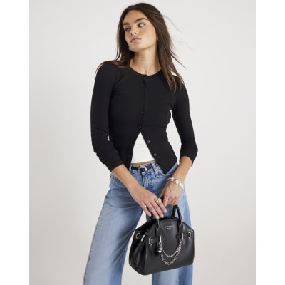 Black Long Sleeve Shoulder Pad Button Up Top
