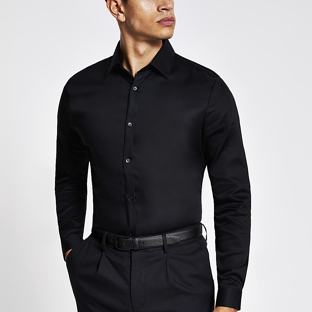 Black long sleeve slim fit premium shirt | River Island