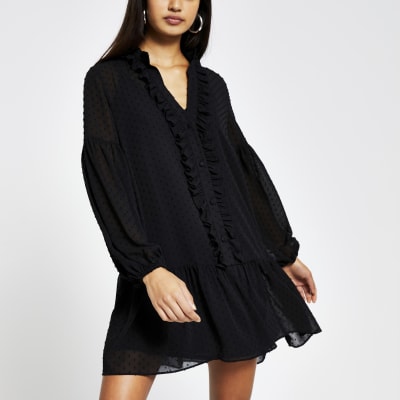 Black long sleeve smock dress | River Island