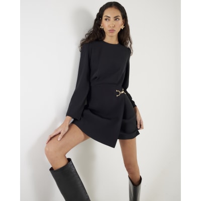 Black Long Sleeve Snaffle Detail Mini Dress