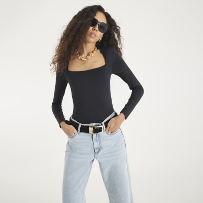 Black Long Sleeve Square Neck Bodysuit
