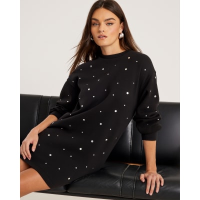 Black Long Sleeve Studded Sweat Dress