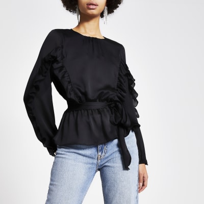 Black long sleeve tie belted frill blouse | River Island
