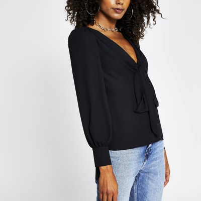 Black long sleeve tie front blouse | River Island