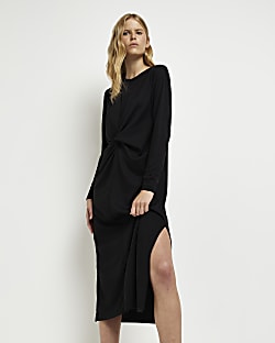 Black long sleeve twist front midi dress