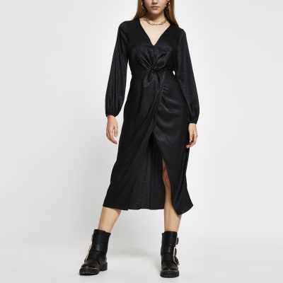 Black long sleeve twist front midi dress | River Island