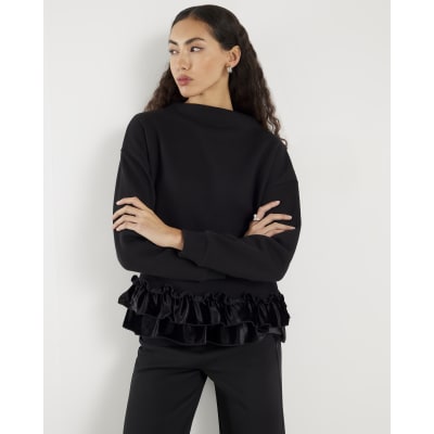 Black Long Sleeve Velvet Trim Sweatshirt