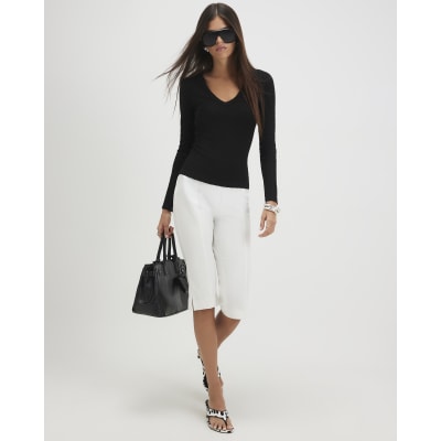 Long Sleeve Wide Rib V Neck Top