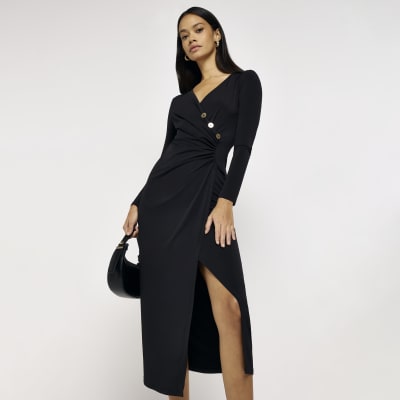 Black long sleeve wrap bodycon midi dress River Island