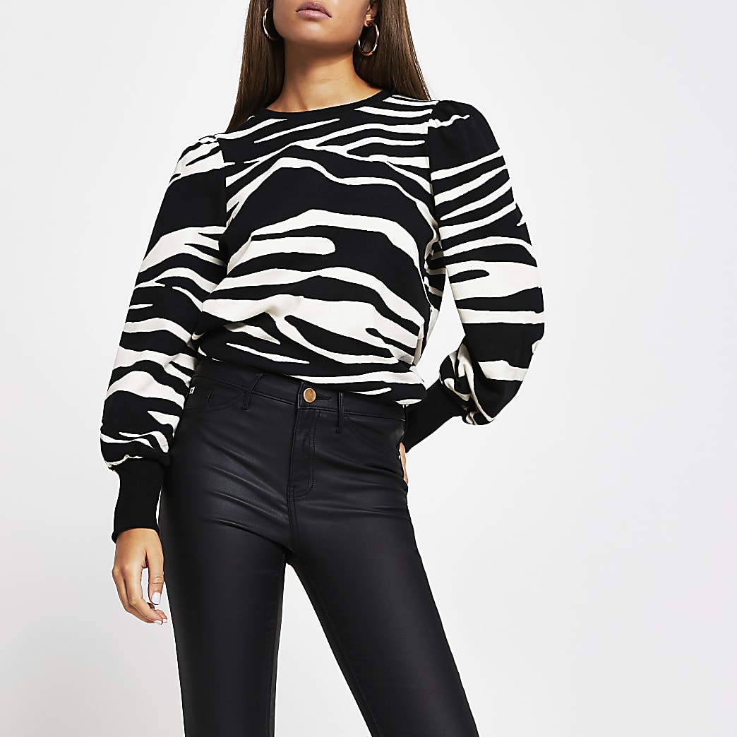 Black long sleeve zebra print sweatshirt | River Island